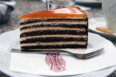 Dobos cake, iconic and symbolic sweet at the famous historical Gerbeaud Cafe in Budapest, Hungaryのeditorial素材