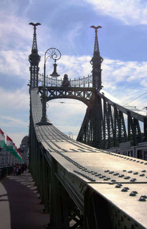 The Chains Bridge in Budapest, crossing river Danube, joining Buda Hill to the city of Pest. Hungaryの写真素材