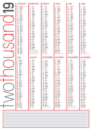 2019 calendar geometrical vertical lines, basic style, useful tool in english languageのイラスト素材