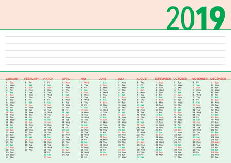 2019 basic calendar with vertical months and space for text, english languageのイラスト素材