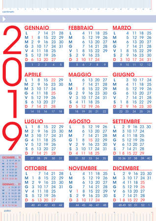 commercial 2019 rules calendar in italian language with national holidays and number of weeksのイラスト素材
