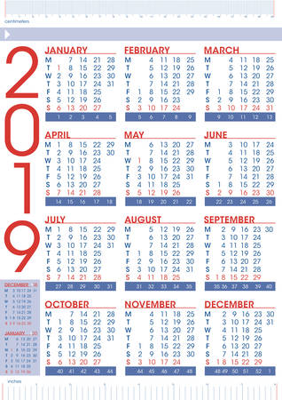 simple geometrical calendar 2019 with rulers, emglish languageのイラスト素材