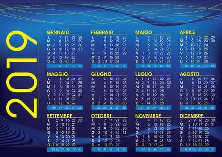 2019 calendar for italy with festivities and number of weeks, night mood colour and styleのイラスト素材