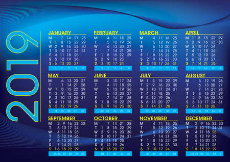 2019 calendar night mood colour style; english language, with number of weeksのイラスト素材