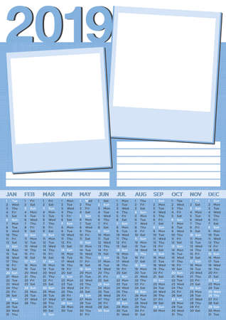 2019 boy calendar with two photo frames and blank lines for text, english languageのイラスト素材