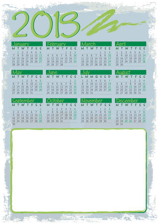 grunge style calendar 2019, english language with one big photo frameのイラスト素材
