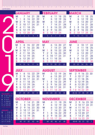 business and commercial 2019 simple style calendar with rulers and number of weeksのイラスト素材