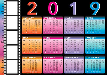 film style calendar 2019, english laguage with five photo frames, black backgroundのイラスト素材