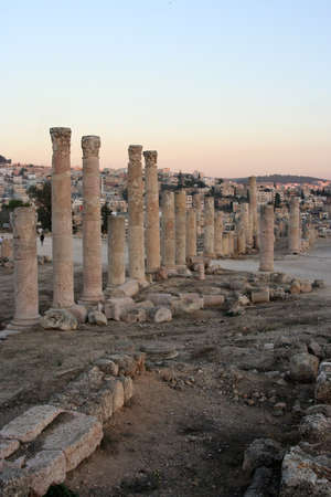 Columns in roman city of Jerash in Jordan at sunset, Middle East.の写真素材