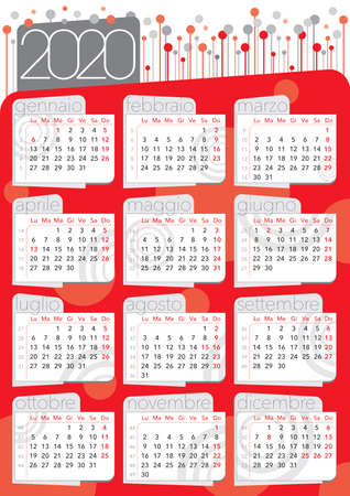 red circles and background abstract calendar 2020, italian langiage and festivity, with number of weeks, business and commercial utilityのイラスト素材