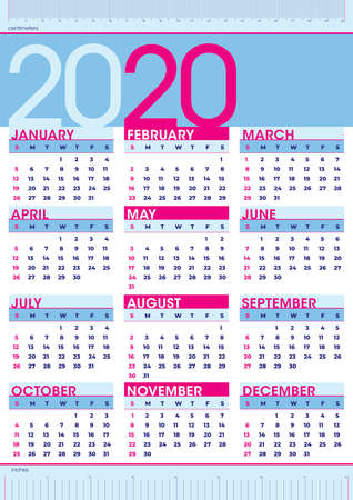 vertical calendar 2020 with rulers, blue and magenta colours, english languageのイラスト素材
