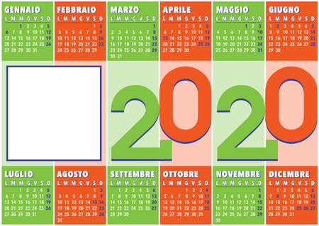2020 calendar with vertical coloured stripes and square photo frame, italian versionのイラスト素材