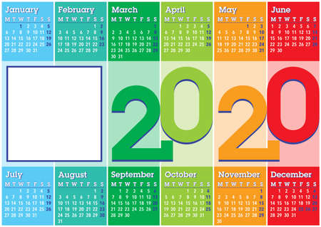 2020 calendar with vertical colored stripes and square photo frame, english laguageのイラスト素材