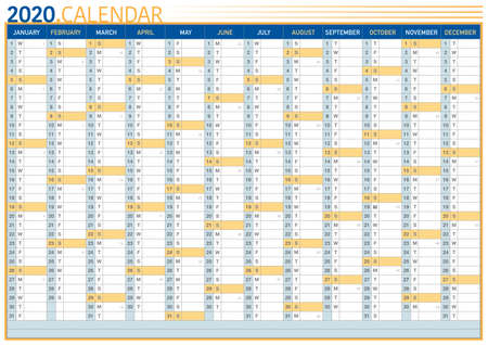 big commercial wall calendar 2020, english language, with number of weeksのイラスト素材
