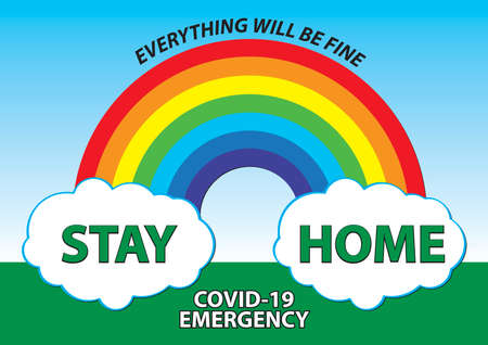 stay at home warning sign with rainbow, for Covid-19 emergency, english languageのイラスト素材