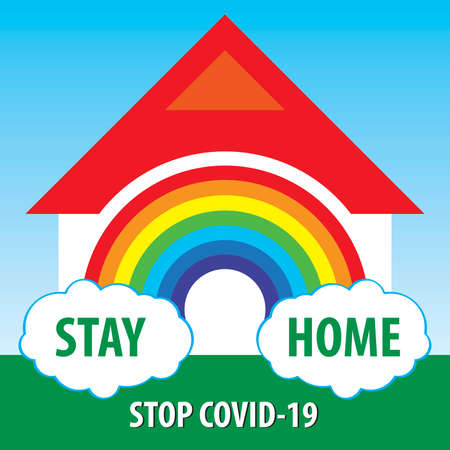 stay at home warning sign with rainbow, for Covid-19 emergency, english languageのイラスト素材