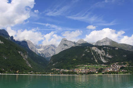 Green and blue landscape of Molveno lake with some clouds. Trentino, Italyの写真素材
