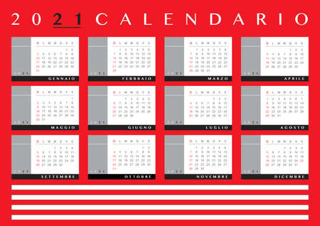 2021 italian calendar with red background and copy space. Italy laguage and festivityのイラスト素材