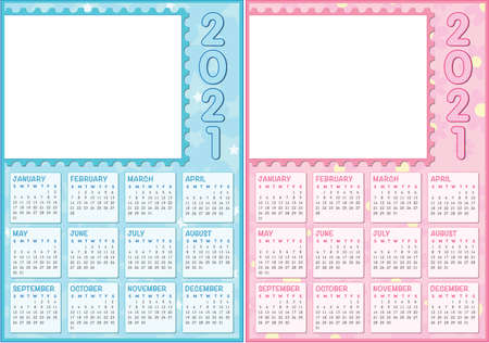 double baby calendar 2021, english language with white photo frameのイラスト素材
