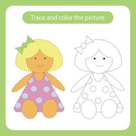 Doll toy with simple shapes. Trace and color the picture children s educational game. Handwriting and drawing practice. Toys theme activity for toddlers, kids. Vector illustration.のイラスト素材