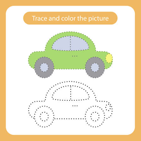 Car toy with simple shapes. Trace and color the picture children s educational game. Handwriting and drawing practice. Toys theme activity for toddlers, kids. Vector illustration.のイラスト素材