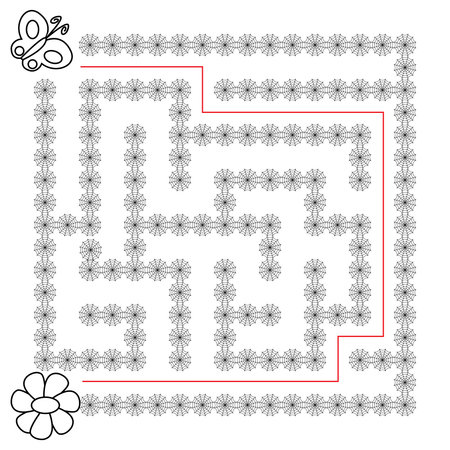 Butterfly and flower Maze. Educational game for children. Help the butterflyfly through the spiderweb to the flower - Maze puzzle with solutionのイラスト素材