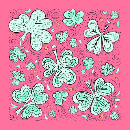 St. Patrick's day background with doodle clover in frame. Hand drawn vecotor illustration in trendy colors.のイラスト素材