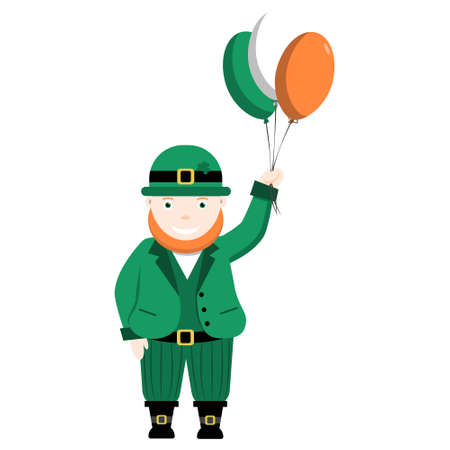 Leprechaun holding balloons with irish national flag colors. Vector flat design illustration isolated on white backgroundのイラスト素材