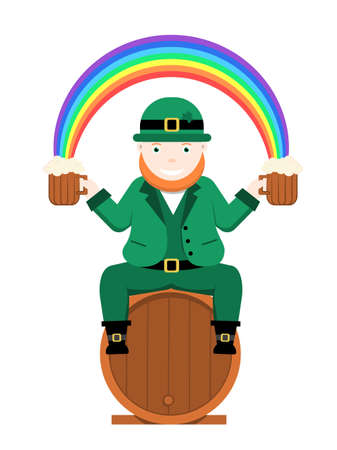 Leprechaun sits on a barrel with two pints of beer in his hands. Rainbow passes from one beer to another Traditional national character of Irish folklore. Isolated on white backgroundのイラスト素材