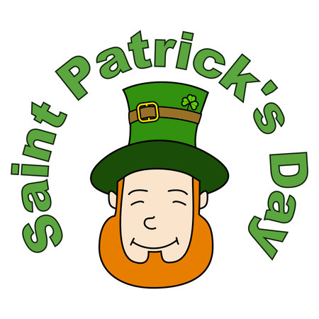 Smiling leprechaun head with red beard and cylinder hat. The inscription located in a circle. Element for Saint Patrick s day decoration in cartoon flat styleのイラスト素材