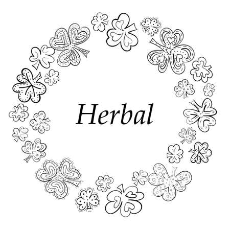 Vector round frame made of hand drawn clover leaves. Organinc cosmetics concept. Doodle frame for label design. Black and white outline artのイラスト素材