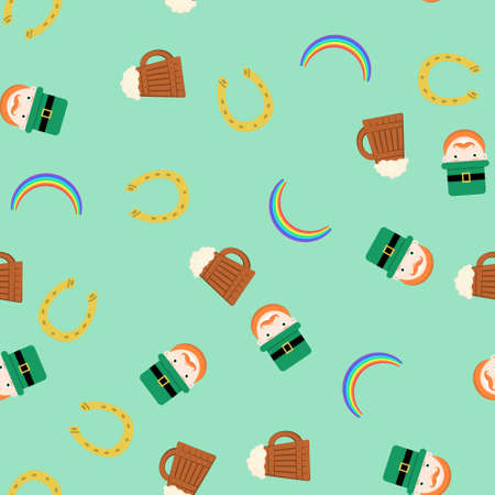 Seamless pattern for Saint Patrick s Day. Leprechaun, horseshoe, rainbow and beerfor web or wrappingのイラスト素材