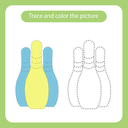 Skittles toy with simple shapes. Trace and color the picture children s educational game. Handwriting and drawing practice. Toys theme activity for toddlers, kids. Vector illustration.のイラスト素材