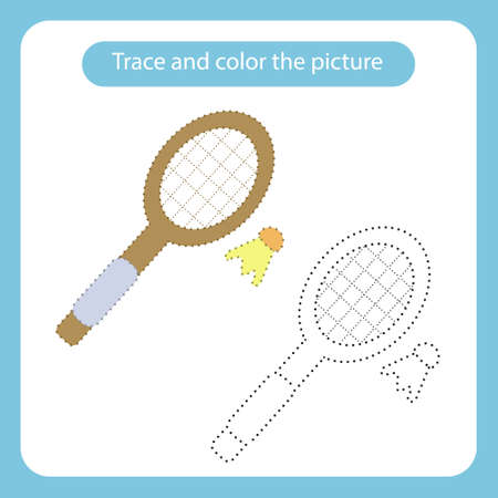Racket and shuttlecock toy with simple shapes. Trace and color the picture children s educational game. Handwriting and drawing practice. Toys theme activity for toddlers, kids. Vector illustration.のイラスト素材