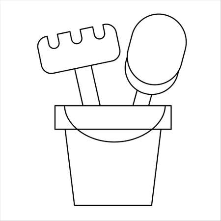 Coloring page outline of shovel and rake in a bucket toy. Simple shapes. Vector illustration, coloring book for kids.のイラスト素材