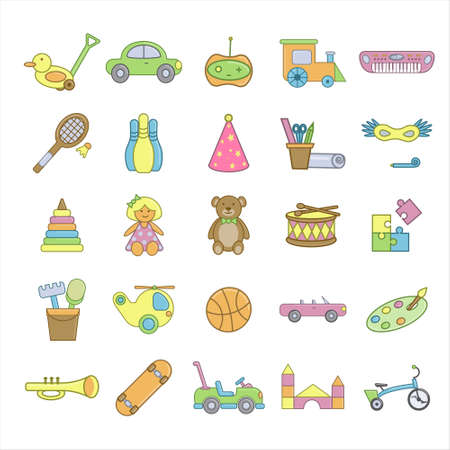 Set of 25 toys icons. Flat vector illustration. Isolated on white backgroundのイラスト素材