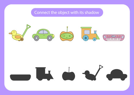 Worksheet connect the toy with its shadow. Educational game for children. Trains attention and concentration. Vector illustrationのイラスト素材