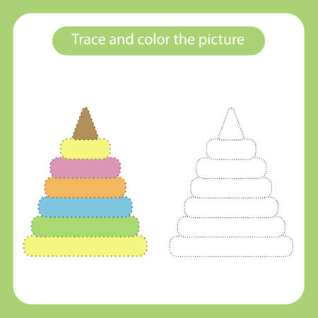 Pyramid toy with simple shapes. Trace and color the picture children s educational game. Handwriting and drawing practice. Toys theme activity for toddlers, kids. Vector illustration.のイラスト素材