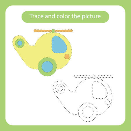 Helicopter toy with simple shapes. Trace and color the picture children s educational game. Handwriting and drawing practice. Toys theme activity for toddlers, kids. Vector illustration.のイラスト素材