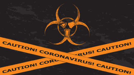 Orange biohazard sign with two restrictive tapes located crosswise and inscription Caution Coronavirus . Vector illustrator in grunge style.のイラスト素材