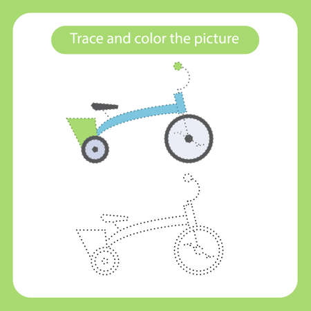 Bicycle toy with simple shapes. Trace and color the picture children s educational game. Handwriting and drawing practice. Toys theme activity for toddlers, kids. Vector illustration.のイラスト素材