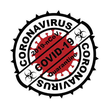 Black round stamp. Coronavirus covid -19 , 2019-nCoV quarantine with red virus cell on the background. Vector illustration isolated on white backgroundのイラスト素材