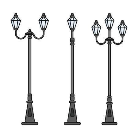 Streetlight vintage lamp icons isolated on white background. Flat colorful design. Vector illustration of traditional street lamps.のイラスト素材