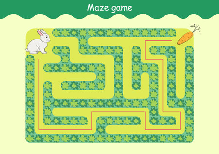 Rabbit and Carrot Maze. Educational game for children. Help the rabbit find the carrot - Maze puzzle with solutionのイラスト素材