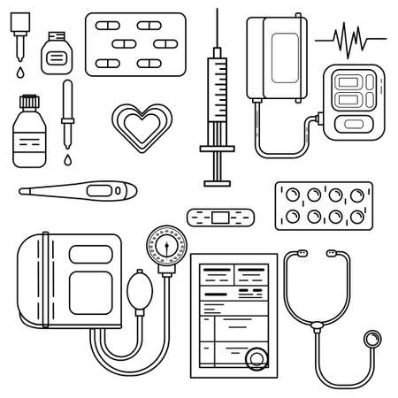 Medical and healt care set outline. Vector illustration.のイラスト素材