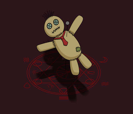 Voodoo doll with tie on the neck pierced with pin lying on red magic circle. Vector cartoon illlustration.のイラスト素材