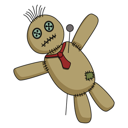 Voodoo doll with tie on the neck pierced with pin isolated on white background. Vector cartoon illlustration.のイラスト素材