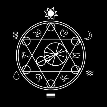 Magic occult circle or alchemy symbol. Thin Line vector illustration on black background with sun, moon, water, fire, wind and eatrh signsのイラスト素材