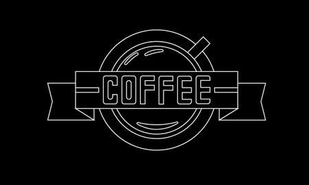 Cup of coffee top view with tape on it. Black and white outline. Coffee shop logo template, coffee house emblem, vector illustration.のイラスト素材