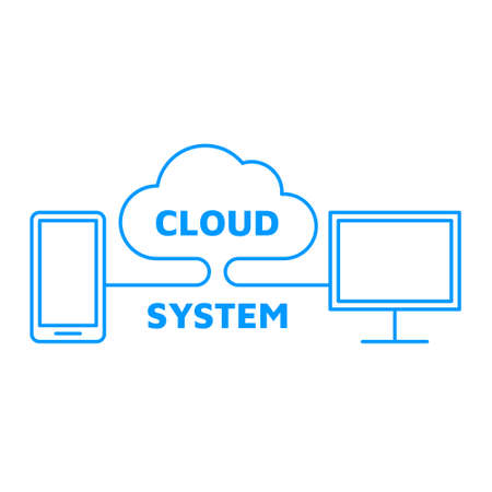 Cloud computing service icon. Linear art illustration of computer and smartphone connected by the cloud. Isolated on white background. Thin stroke sign can be used for web, mobile and UI.のイラスト素材